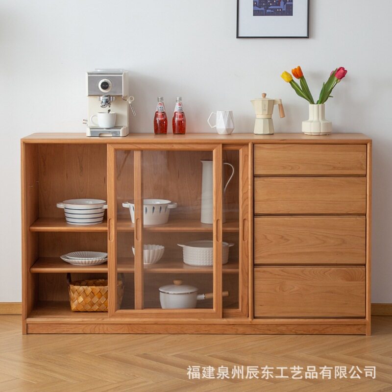北欧实木餐边柜家用客厅多功能碗橱收纳柜民宿简约落地玻璃茶水柜