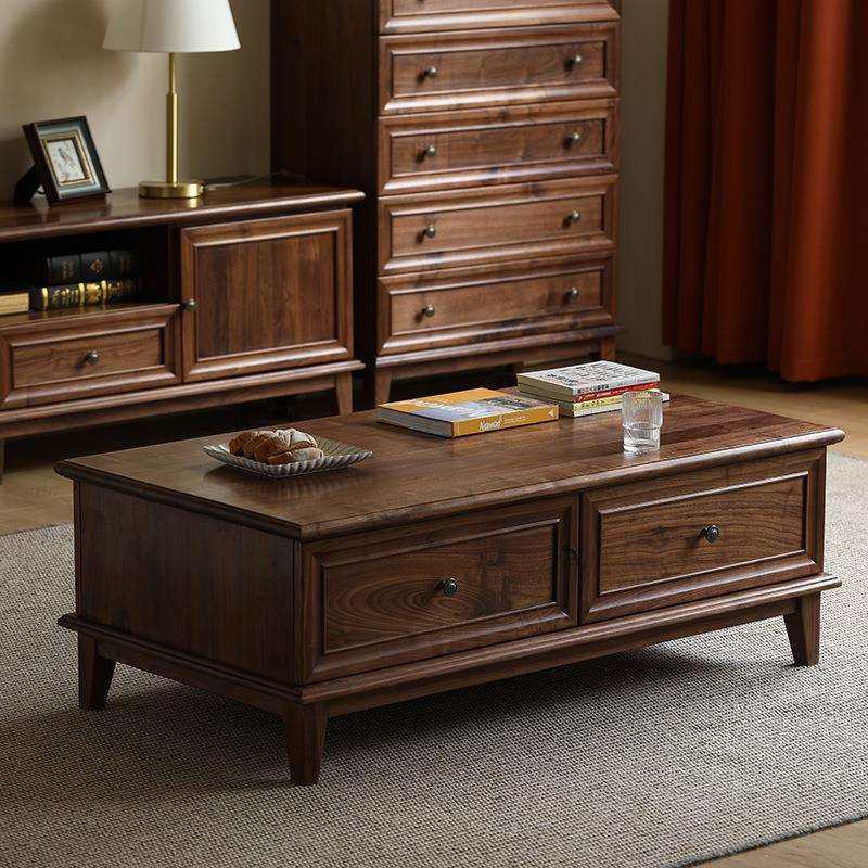 美式实木茶几黑胡桃木带抽长方形现代简约中古茶桌客厅家具收纳