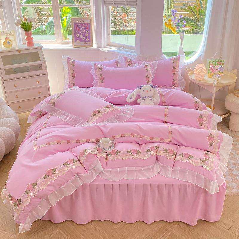 韩版雪纺磨毛刺绣纯色蕾丝床裙床罩床单四件套公主风被套