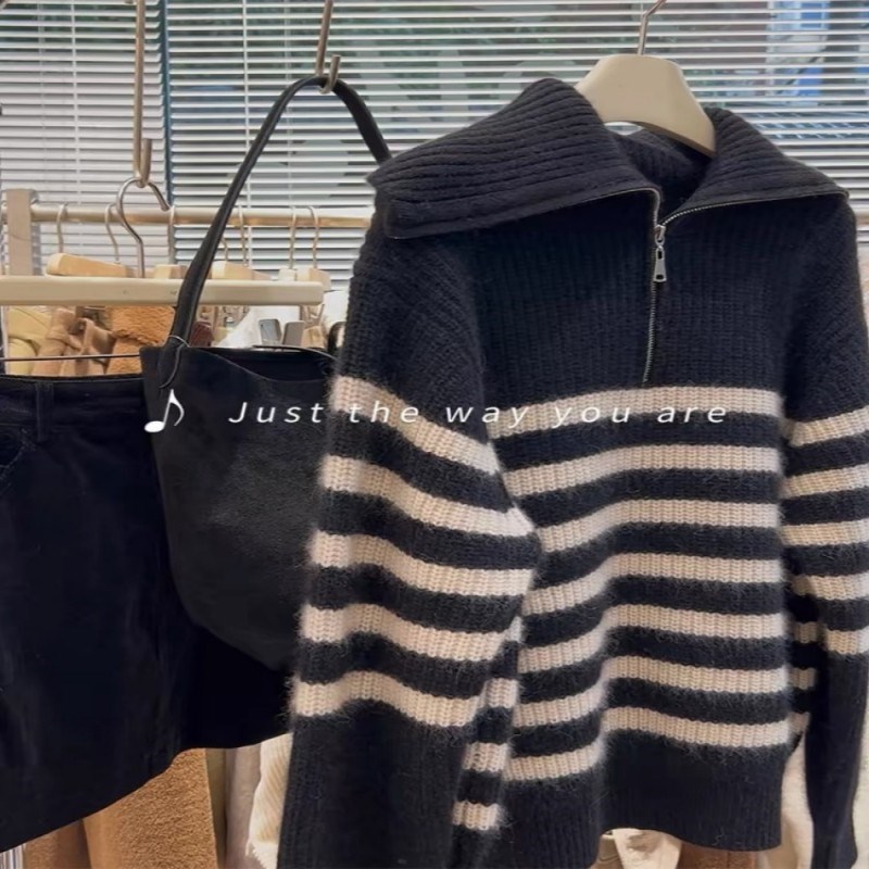 半拉链大翻领黑色条纹针织衫女冬季超厚J高级感软糯慵懒风毛衣外
