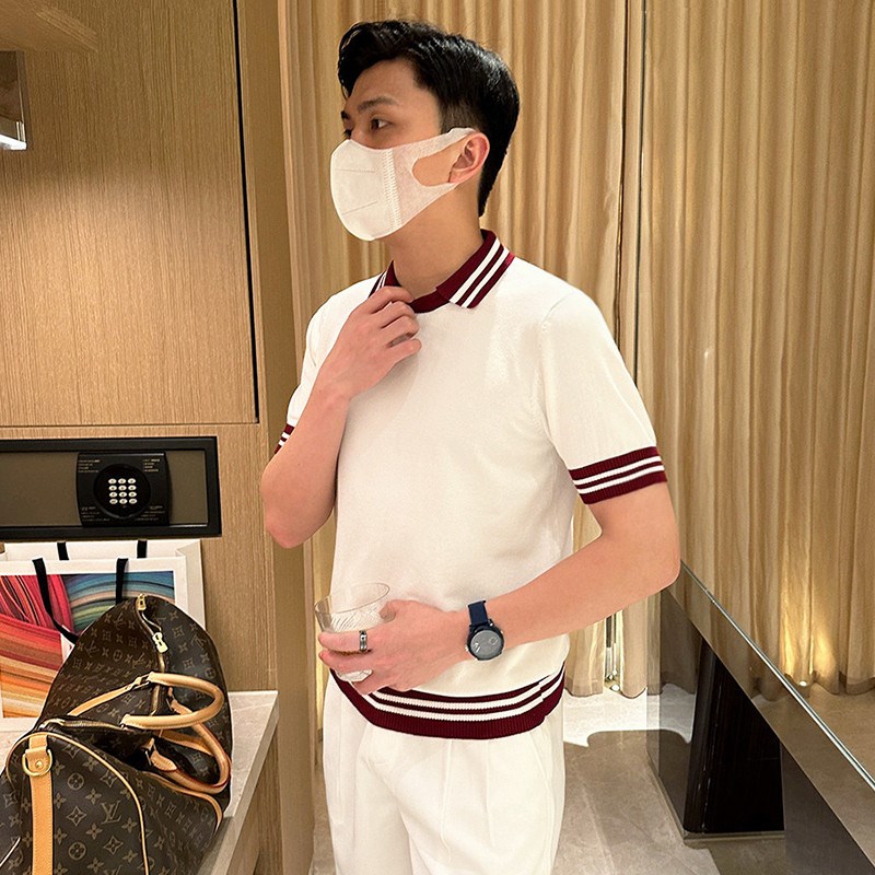 法式洋气休闲男装拼接罗纹polo衫男夏季薄款透气修身针织衫男短袖