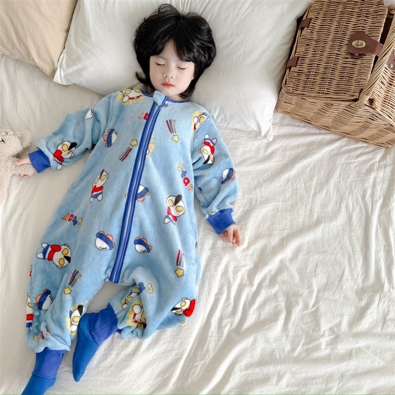 儿童睡袋秋冬男宝卡通恐龙法兰绒防踢被神器女孩分腿式连体睡衣