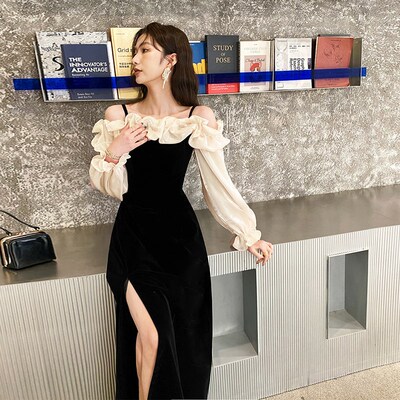 高级感轻奢晚礼服名媛性感气质荷叶边一字领露肩吊带长款连衣裙女