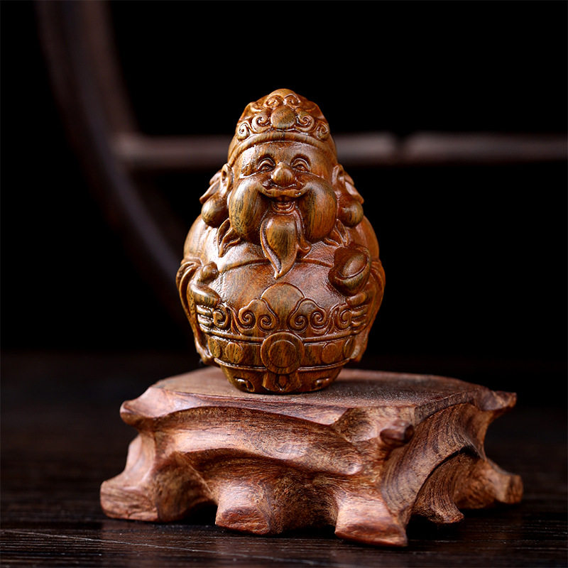 天然绿檀木雕刻财神爷 桌面木质摆件 客厅茶桌装饰文玩手把件