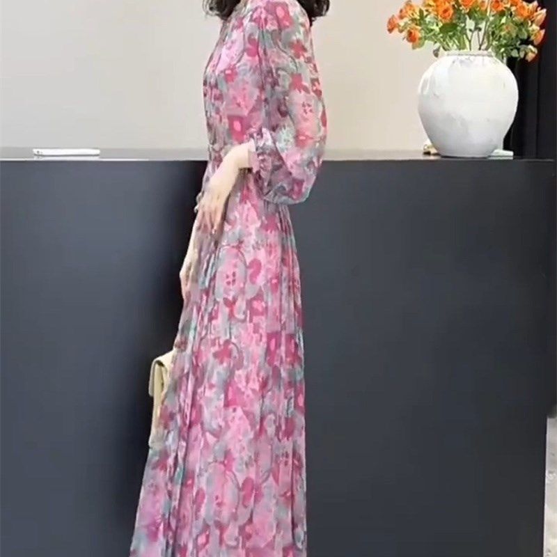 法式雪纺碎花连衣裙2024夏季新款圆领收腰长裙宽松薄款长袖防晒裙