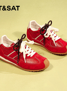 星期六红色本命年轻便舒适德训鞋女2026春季新款时尚百搭阿甘鞋女