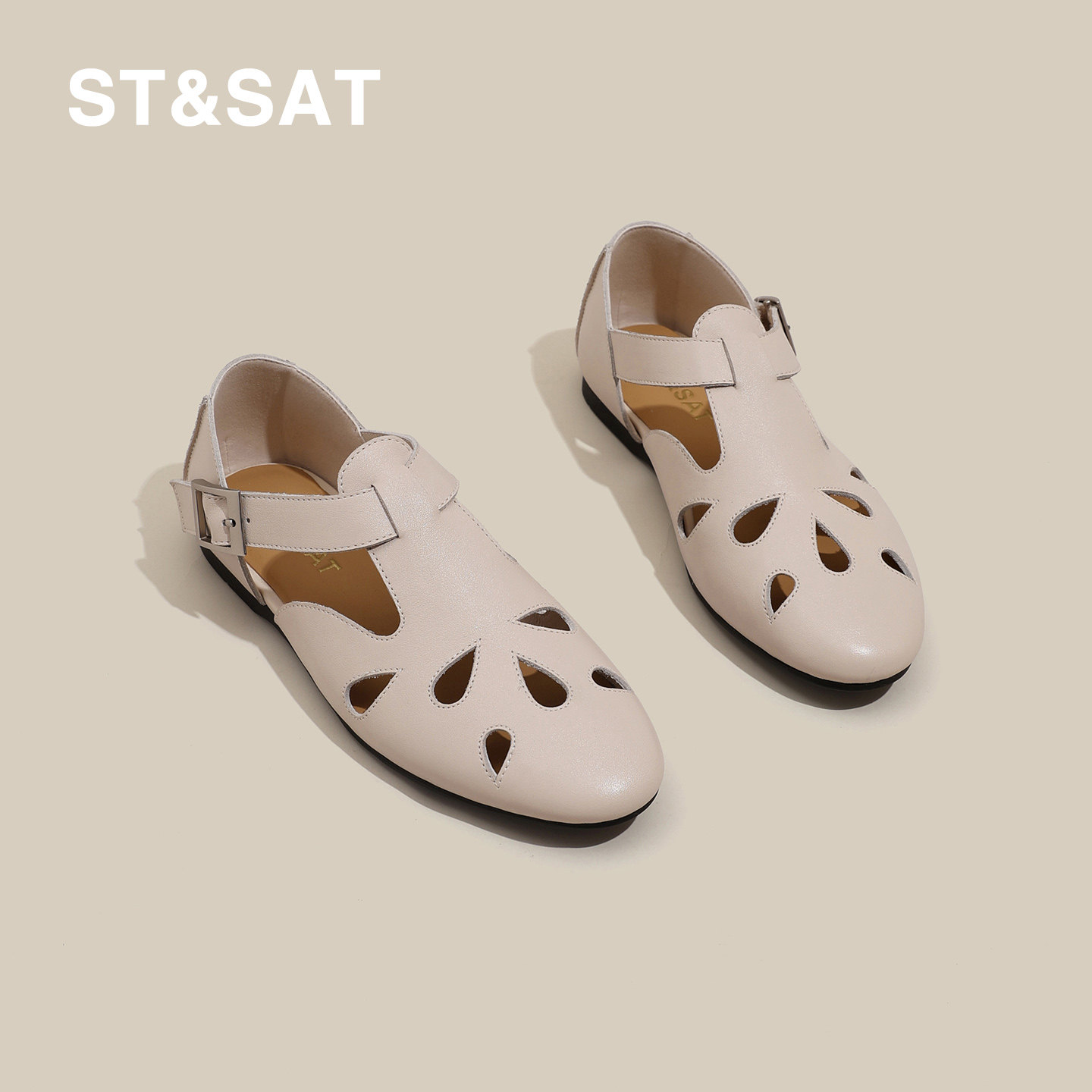 星期六真皮软底镂空透气时装凉鞋女2026夏季新款平底百搭通勤女鞋