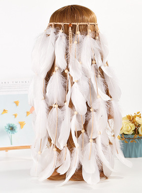 新款纯白色羽毛发带亚马逊波西米亚羽毛头绳民族风景区海边拍照