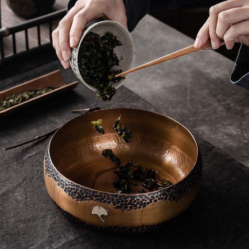 手工镶银杏叶纯铜茶洗特大号家用茶洗杯碗日式禅意水盂茶渣缸茶道