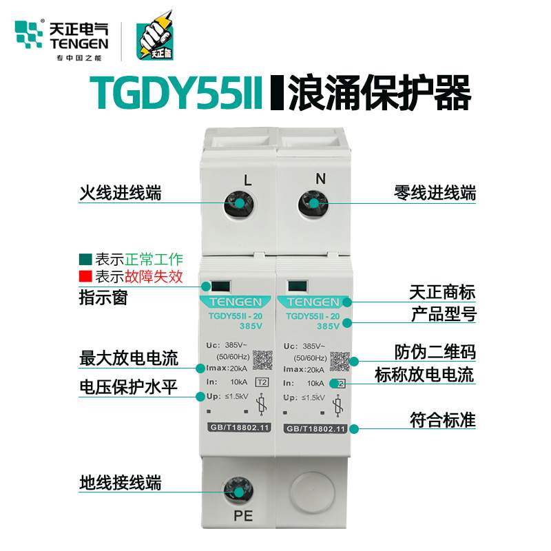 天正电气TGDY55II防雷避雷器2P4P204060KA二级电涌浪涌保护器开关