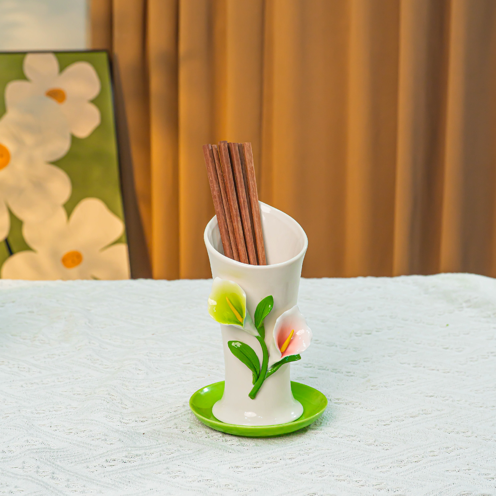 丰白陶瓷手工捏花马蹄莲筷子筒沥水防霉收纳桶家用餐桌高颜值摆件