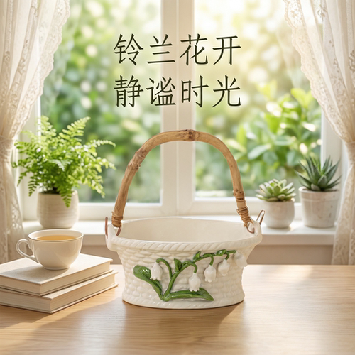 创意陶瓷铃兰花手提篮子果篮客厅家用桌面摆放盘零食点心盘收纳篮