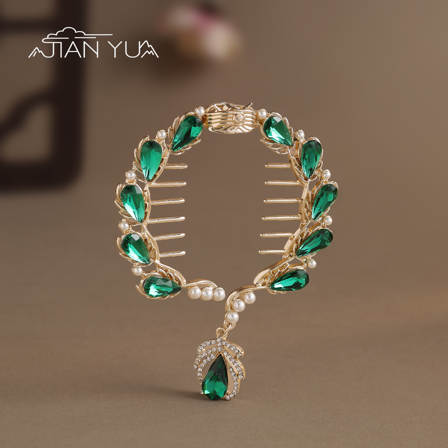 复古祖母绿珍珠蔓藤发夹