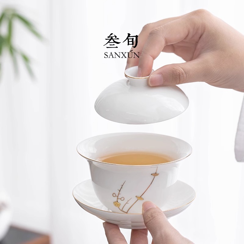 三旬锔钉玉白盖碗茶杯陶瓷单个大号三才盖碗喝茶碗功夫茶具泡茶器