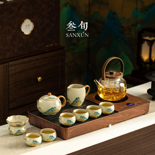 三旬高端汝窑茶壶茶具茶盘套装全自动烧水壶一体轻奢高档泡茶专用