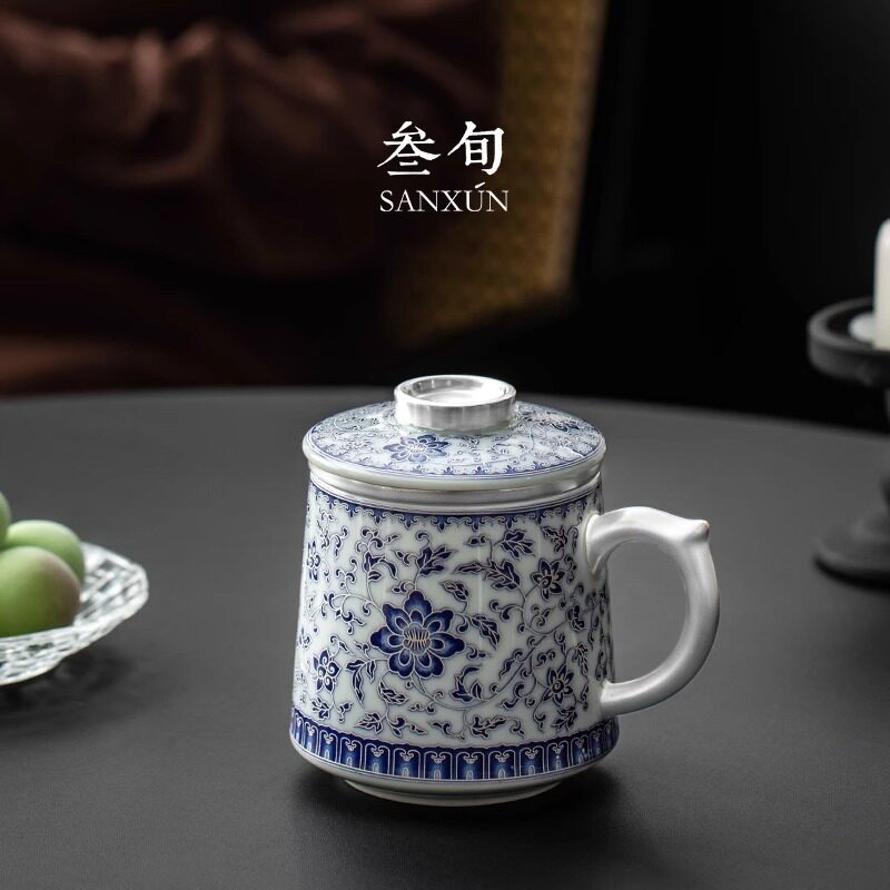 三旬高档青花鎏银泡茶马克杯陶瓷茶水分离杯子办公室带盖过滤水杯