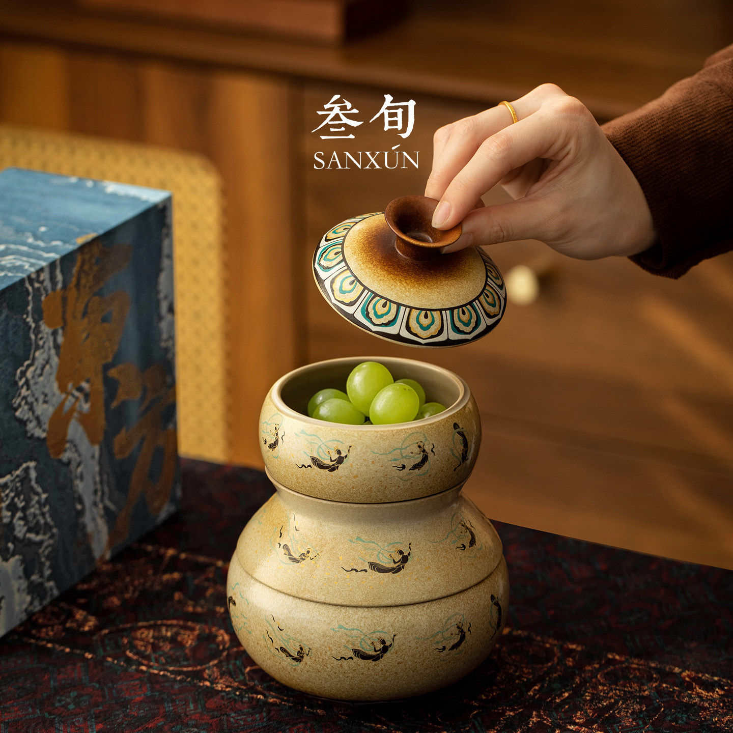 三旬敦煌飞天果盘陶瓷茶点心盘送长辈领导会客中式创意乔迁伴手礼