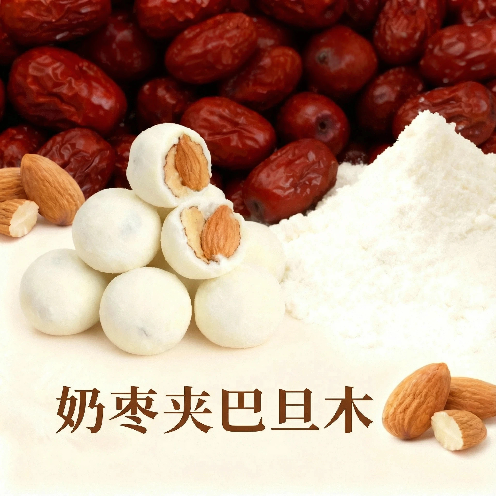 景骁贝奶枣夹心巴旦木独立包装新疆灰枣网红办公室追剧休闲零食图片