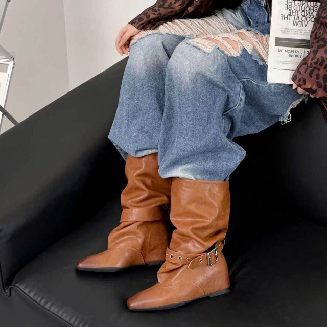 悦女鞋26秋季新款复古风皮带扣堆堆靴女中筒骑士靴气质百搭时装靴