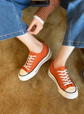 艾模儿26春韩式风橙色低帮帆布鞋女百搭舒适系带休闲板鞋学生鞋