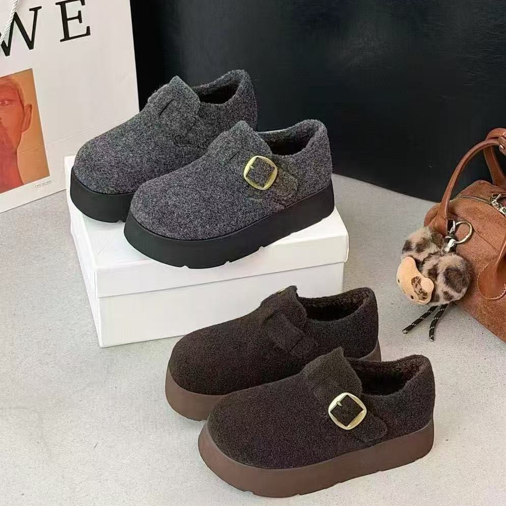 第一佳人女鞋25冬毛绒厚底勃肯鞋加绒保暖金属扣乐福鞋毛呢加厚
