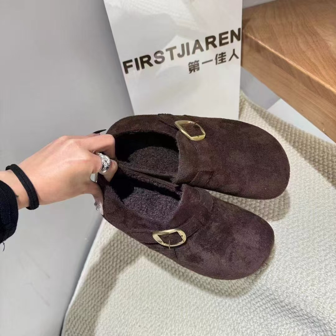 第一佳人25冬季休闲风勃肯鞋女金属扣绒面舒适百搭保暖女鞋懒人鞋