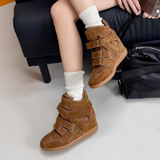 艾模儿25冬加绒加厚真皮魔术贴高帮内增高厚底休闲鞋舒适轻奢皮鞋