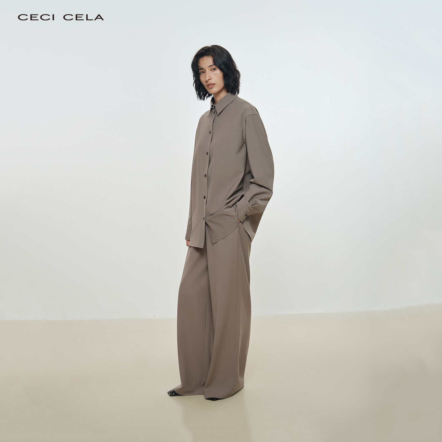 CECI CELA 悬垂有型高含羊毛BF男友风经典廓形衬衫