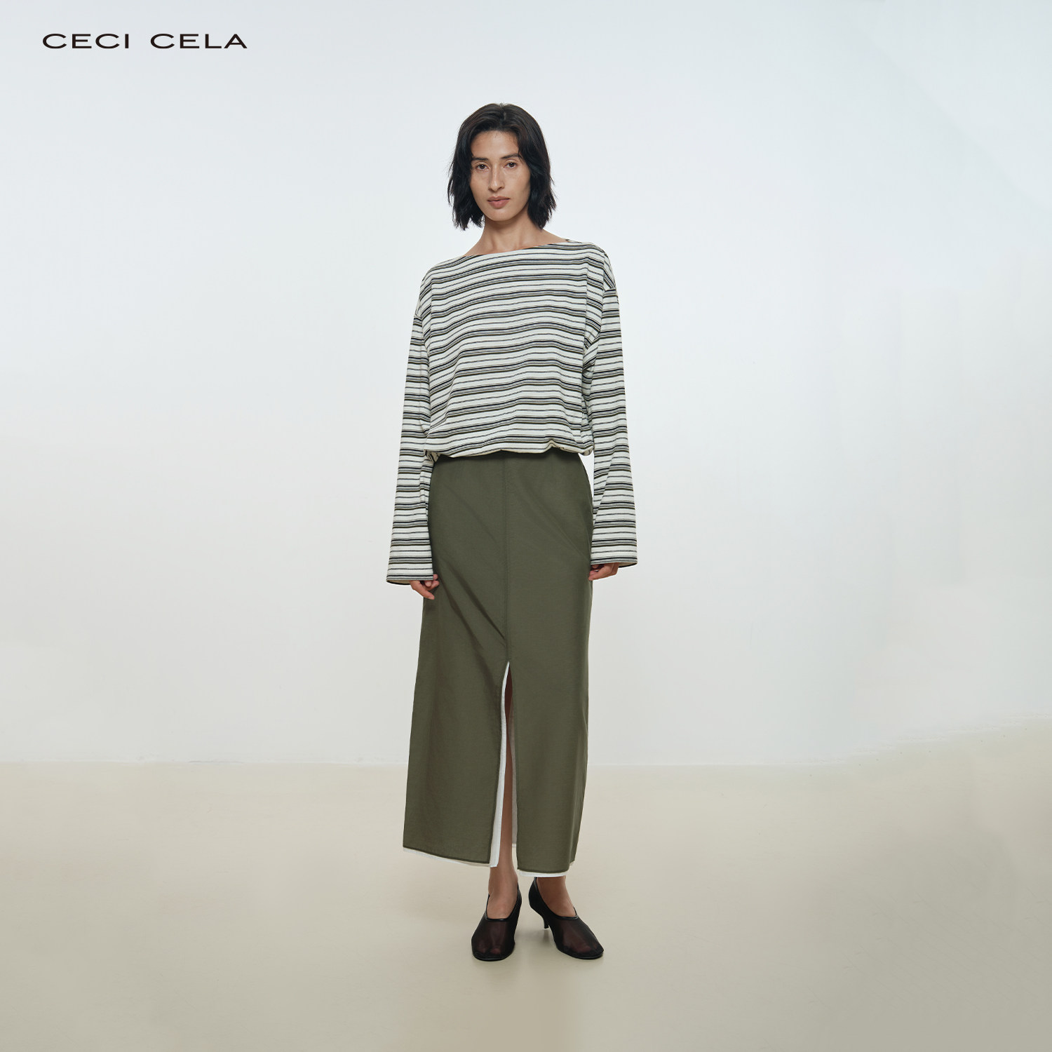 CECI CELA 经典条纹休闲一字领收褶松紧绳下摆长袖上衣T恤