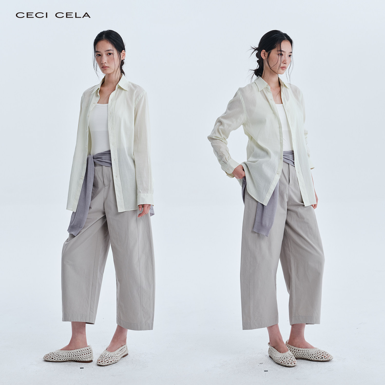 CECICELA棉亚麻竹节八分弯刀裤宽松棉质休闲百搭款气质八分裤女装
