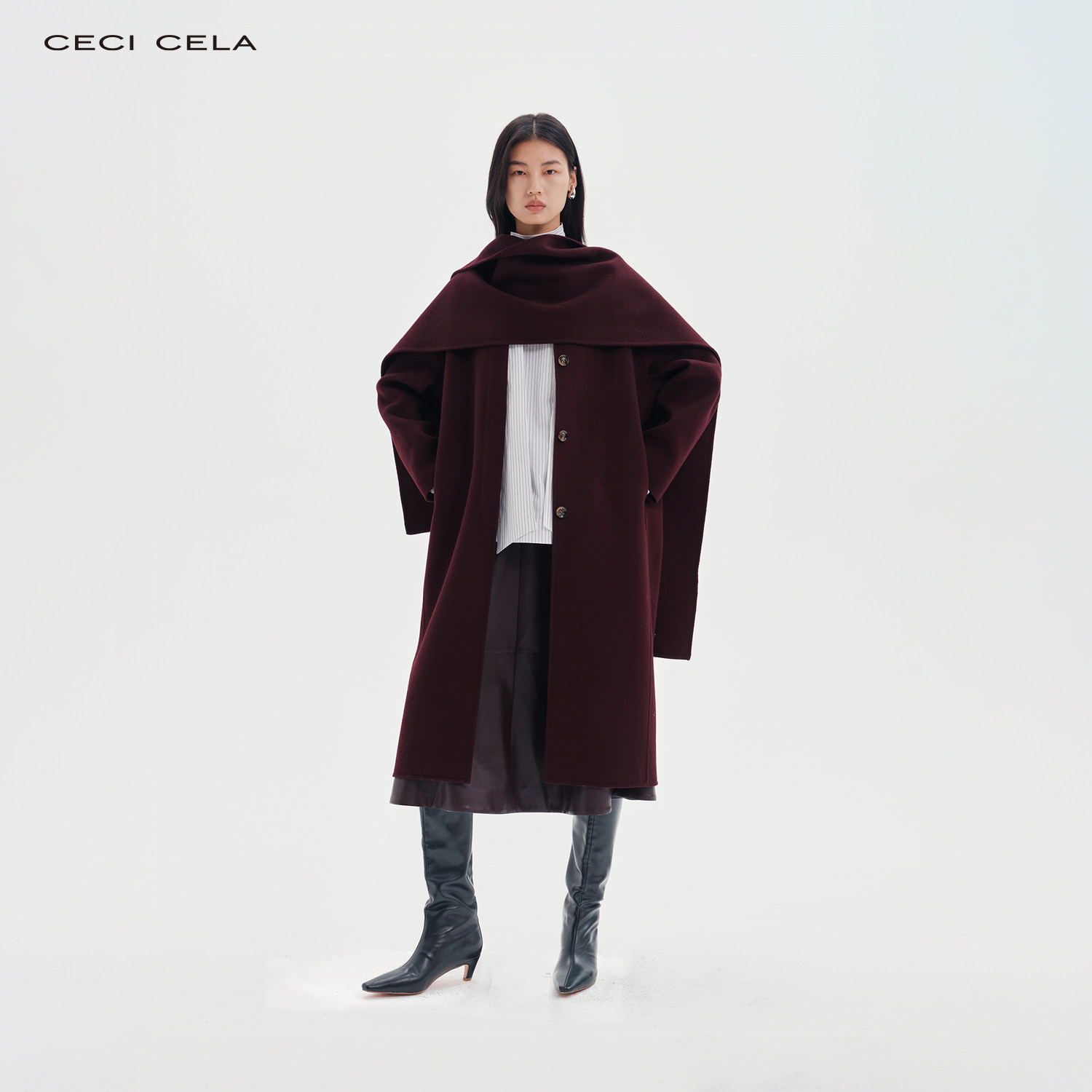 CECICELA 裁剪优雅大气长款宽松简约双面羊毛呢大衣