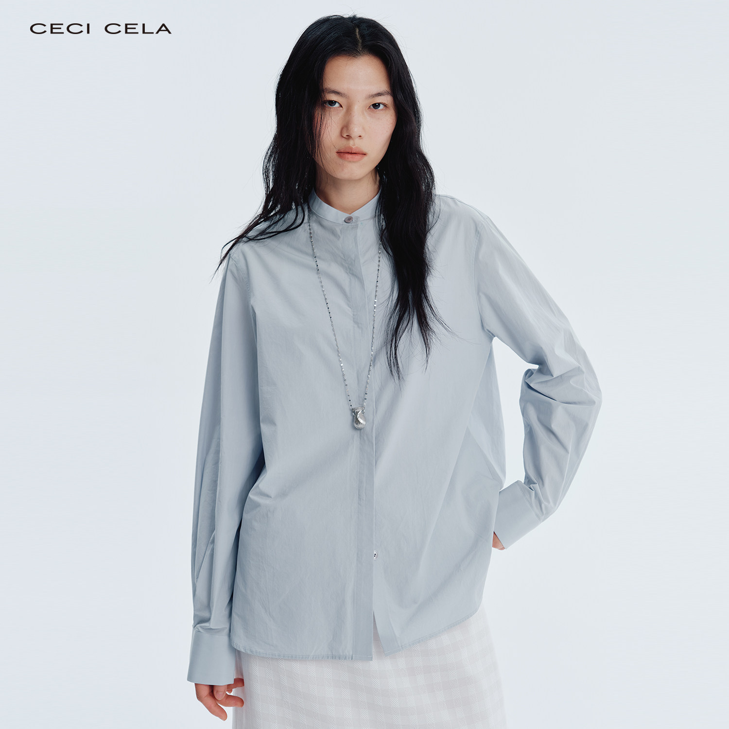 CECICELA匹马棉无领衬衫短款长袖亲肤透气休闲宽松雾霾蓝女装