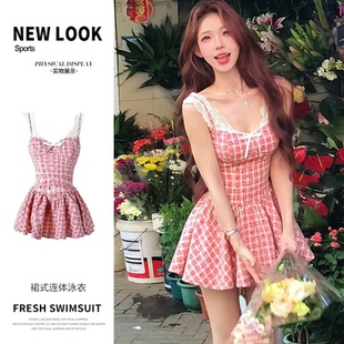 泳衣女格子粉色少女裙式 连体保守遮肉显瘦巴厘岛穿搭沙滩裙游泳装