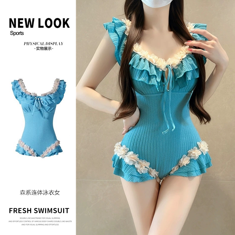 游泳衣女新款连体荷叶边少女森系