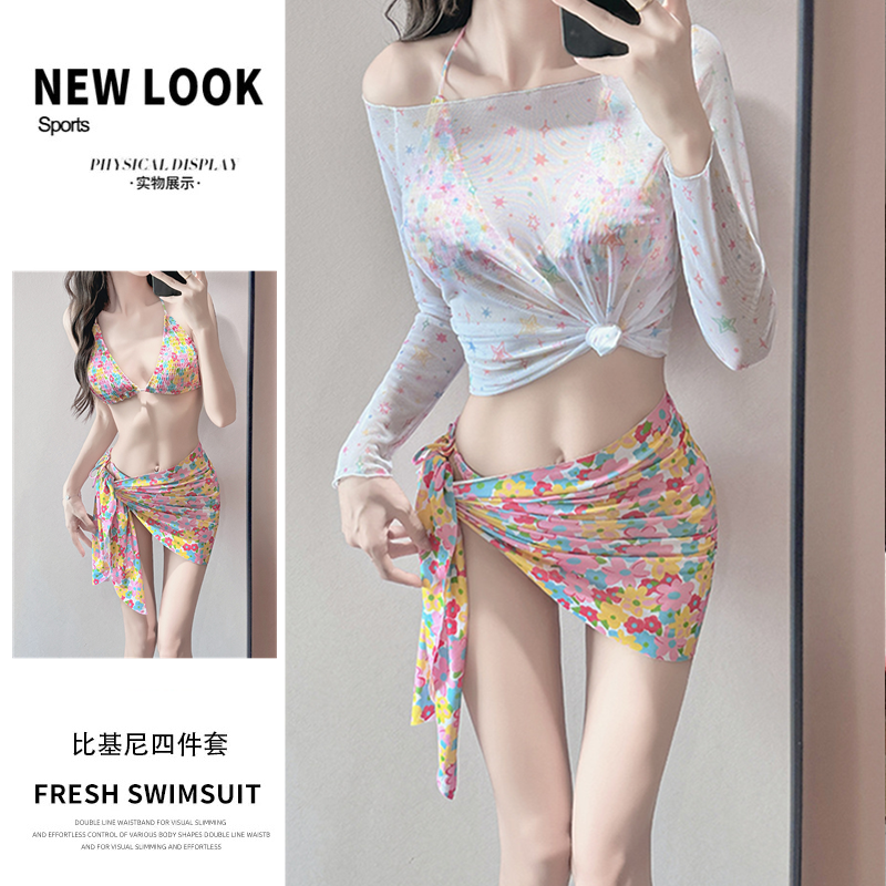 泳衣女花色比基尼四件套韩版ins