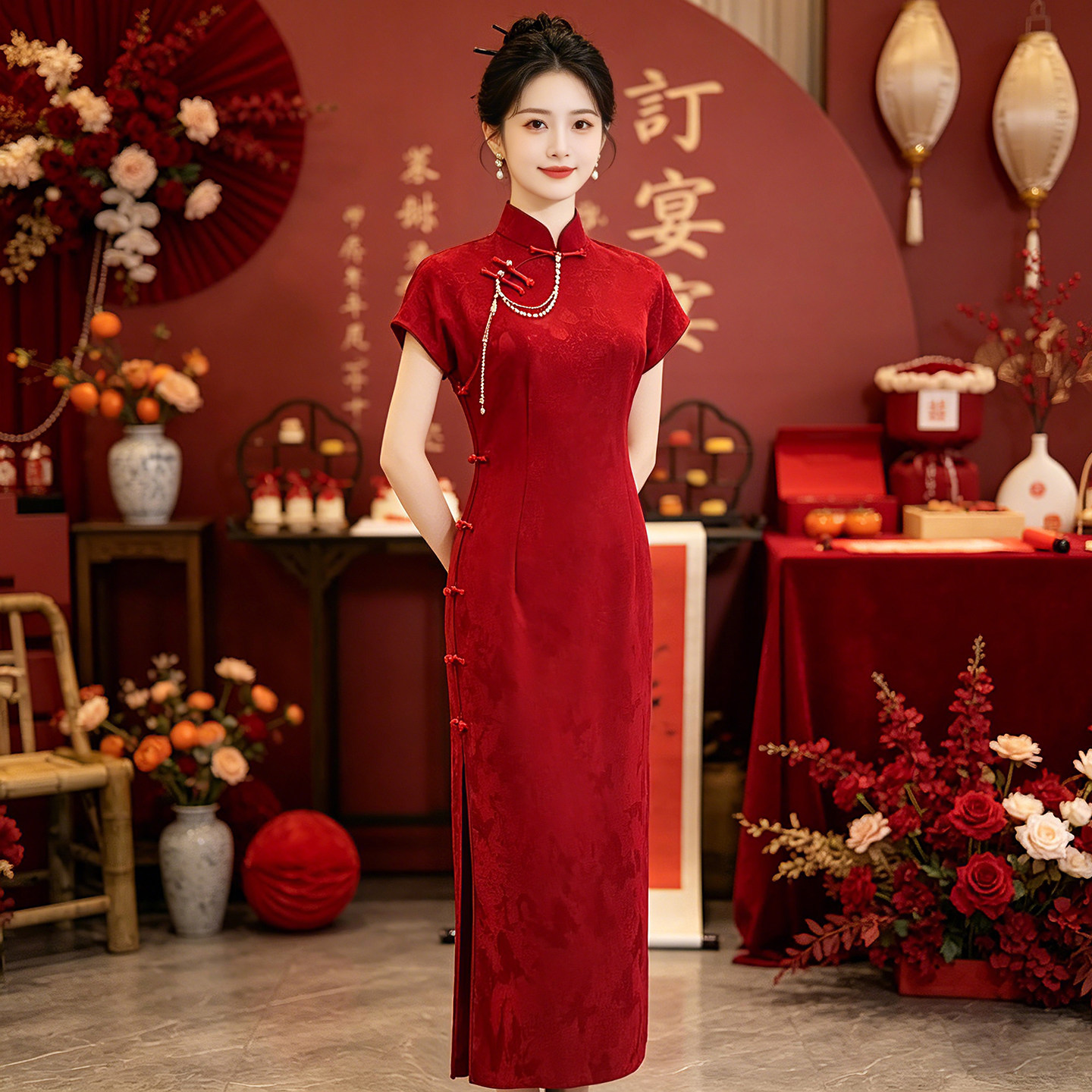 挽苏酒红色敬酒服新娘旗袍2026新款夏季改良订婚结婚礼服连衣裙女