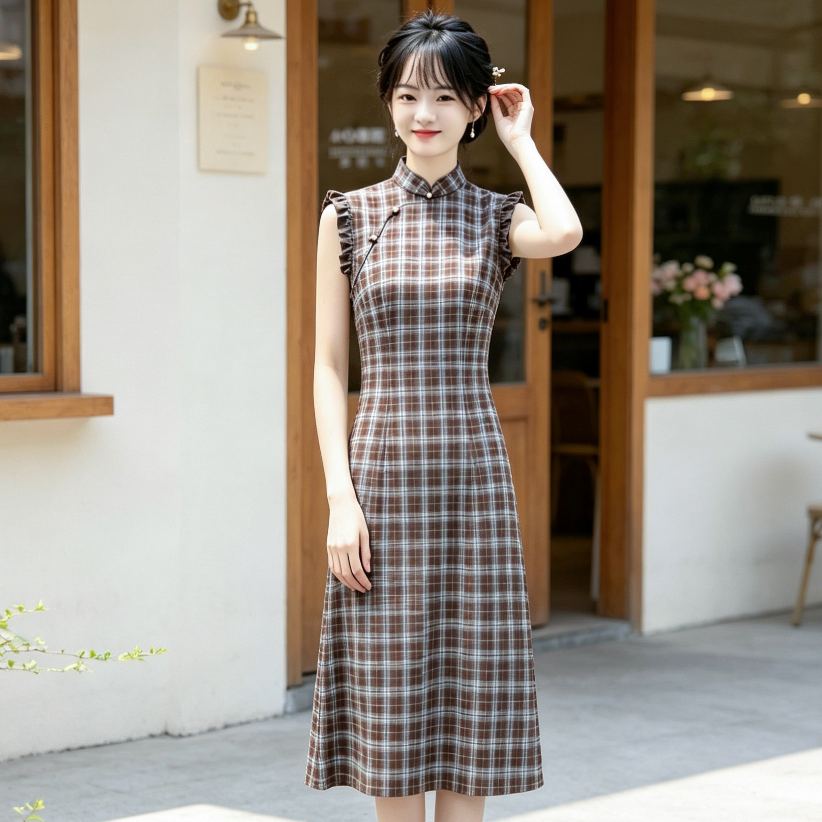挽苏复古格子旗袍改良连衣裙女图片