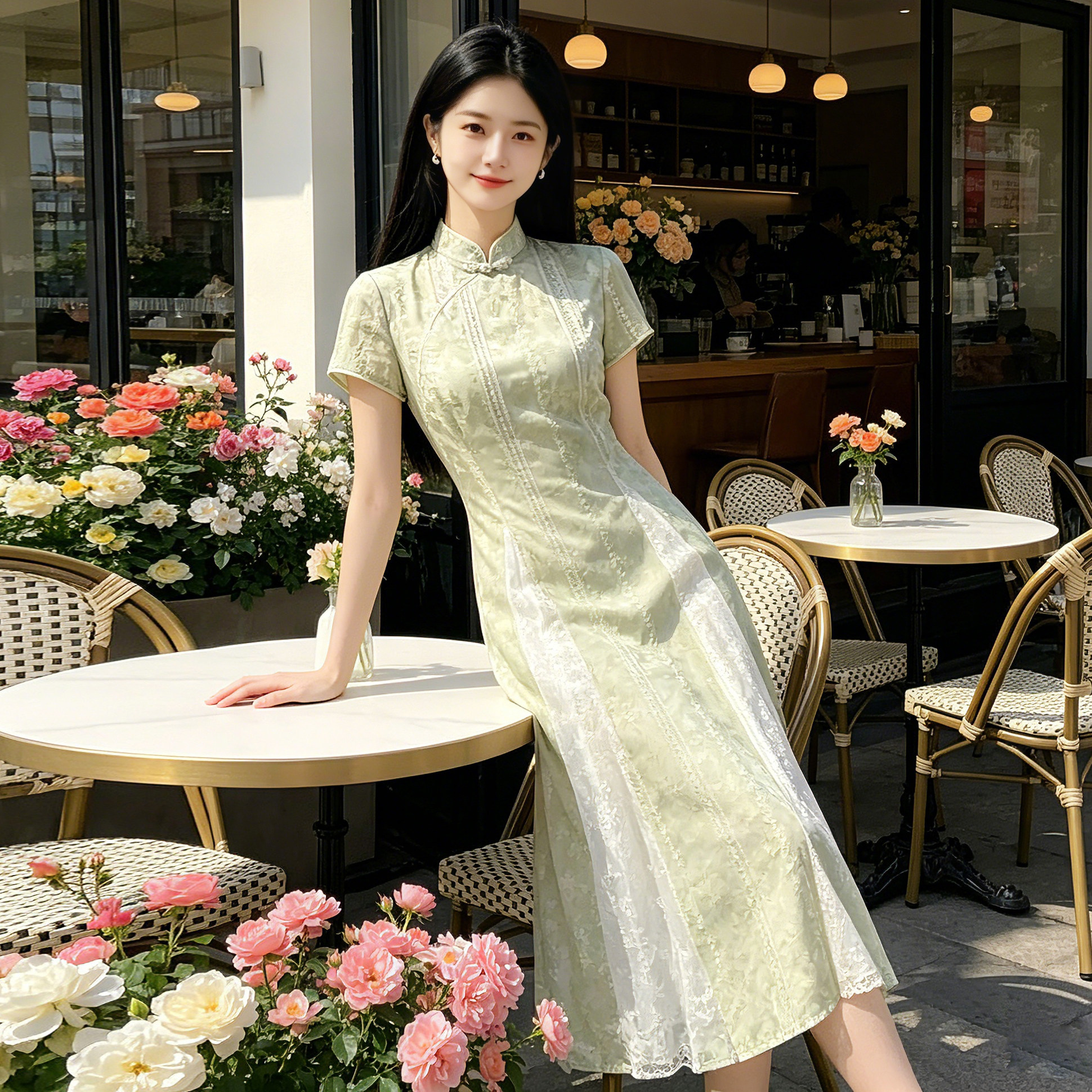 挽苏绿色小清新A版拼接旗袍裙女图片