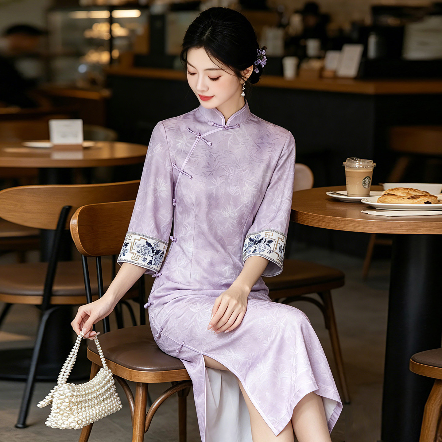 挽苏暗纹竹叶提花旗袍连衣裙女夏图片