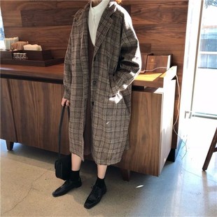秋冬季 新款 复g古毛呢格子外套女韩版 宽松学生风衣中长款