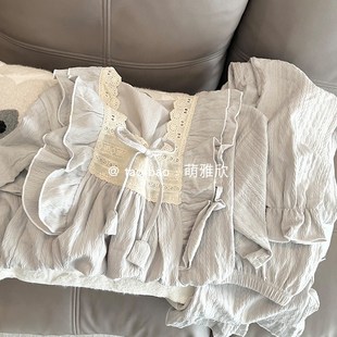 三件套少女甜美简约家居 灰色公主风睡衣女夏m季 纯棉短袖 短裤 长裤