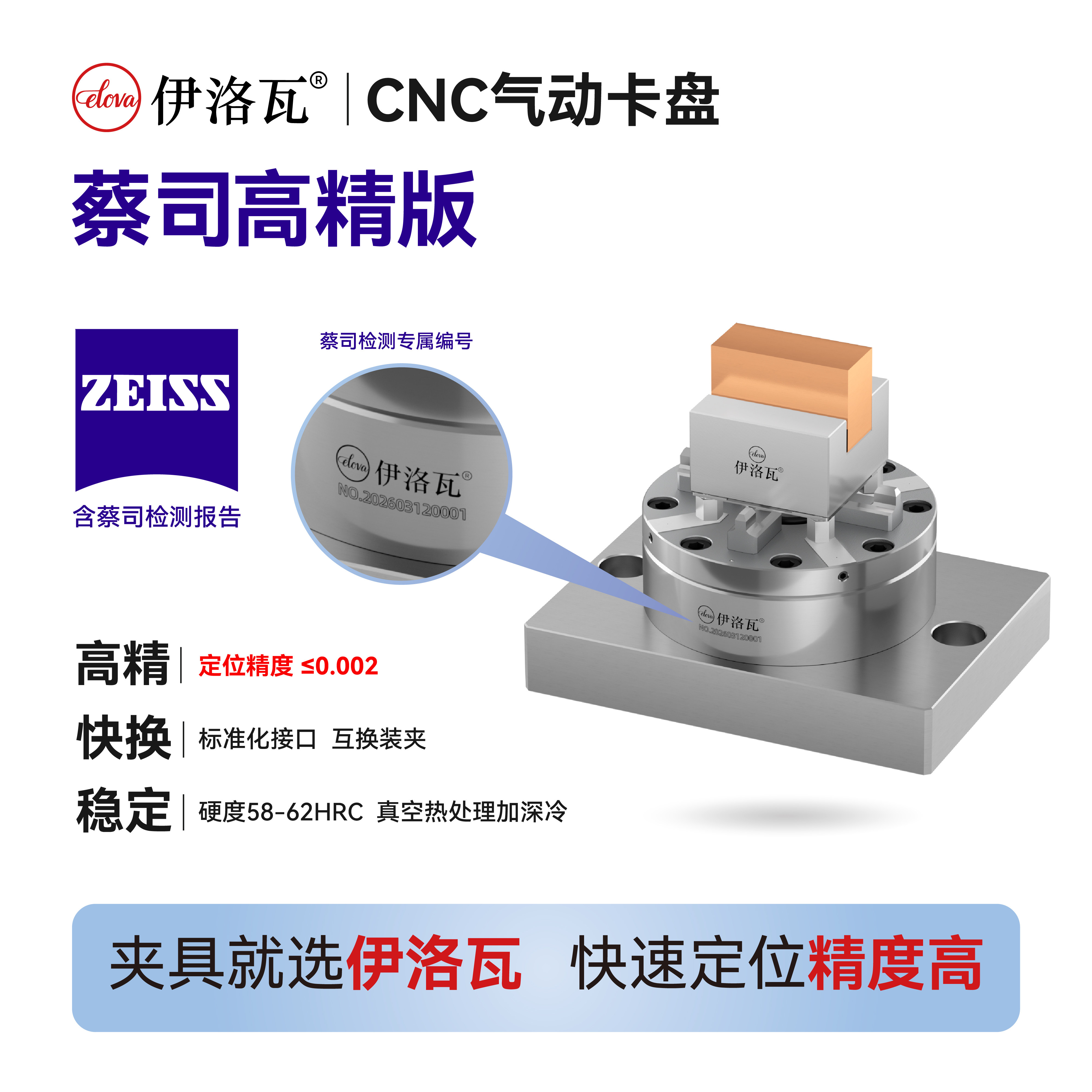 伊洛瓦官方蔡司高精版CNC锣铜公气动卡盘多工位快换电极定位夹具
