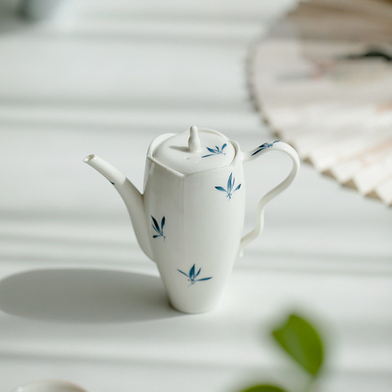 余器后闲纯手绘蝴蝶兰花花口水滴壶套装家用茶壶冲茶器带过滤茶壶