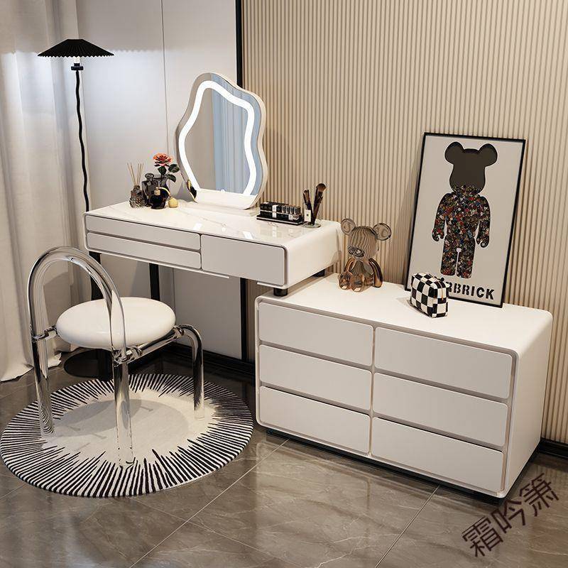 霜P2奶油风岩板实木梳妆台床头柜一体网红伸缩化妆台卧室现代简约