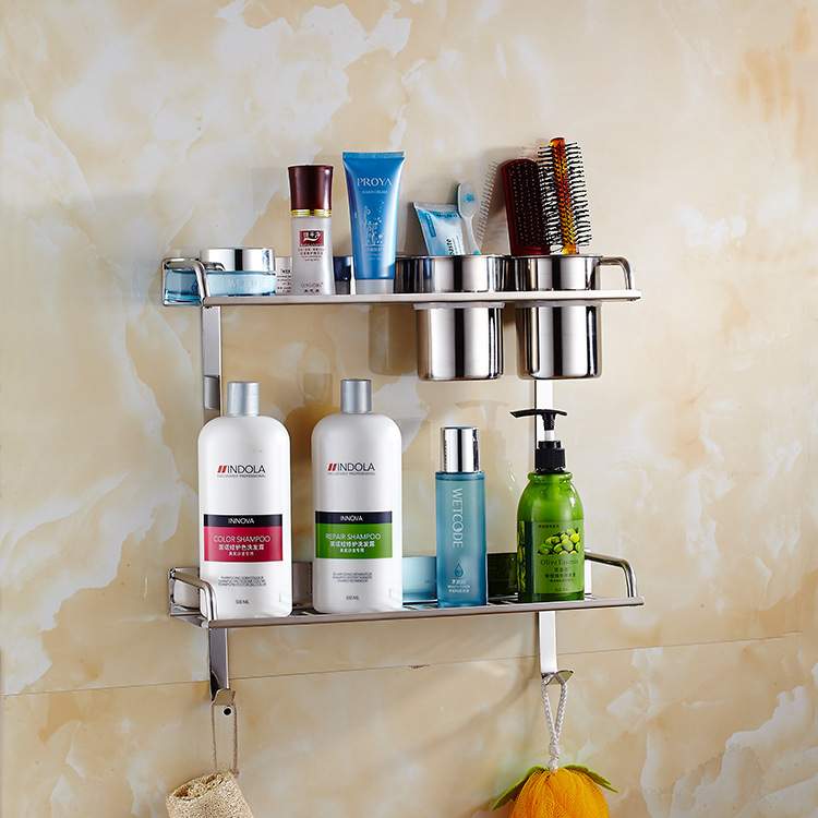 新款SUS304不锈钢双杯双层带毛巾杆浴室置物架304不锈钢更牢固