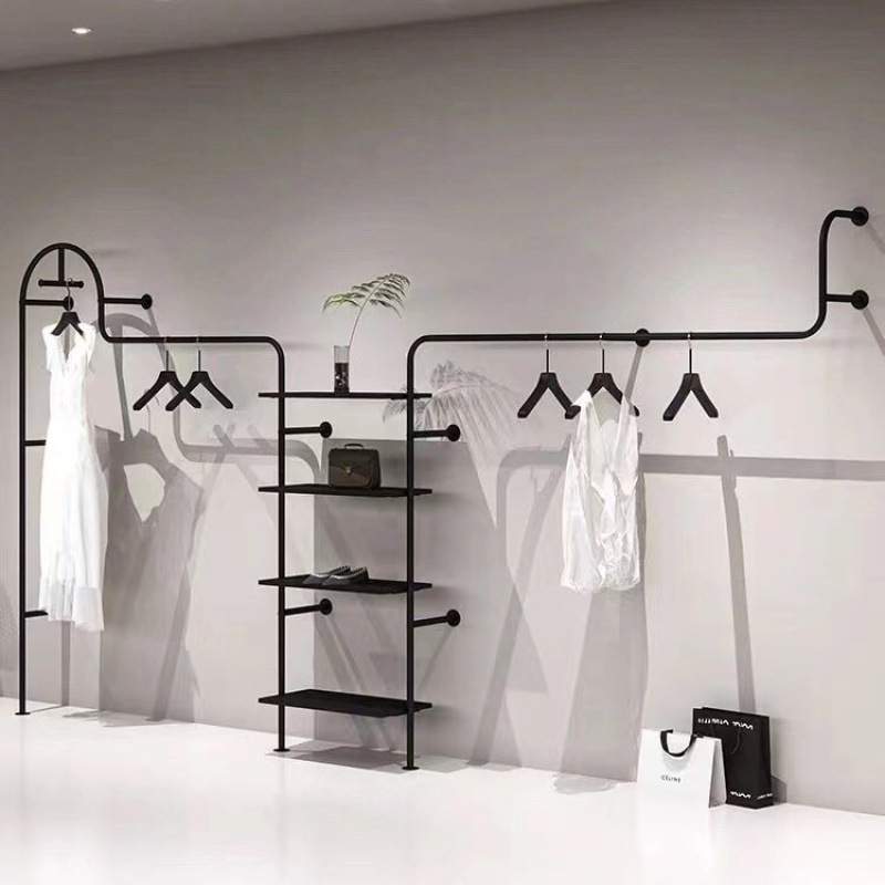 服装店黑色上墙展示架简约女装壁挂式铁艺侧挂衣服陈列置物挂衣架