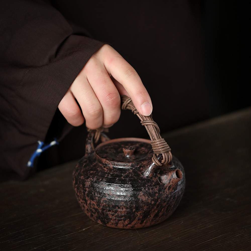 功夫道紫砂泥煮茶壶藤编提梁壶宜兴紫砂茶壶电陶炉炭火藤把烧水壶