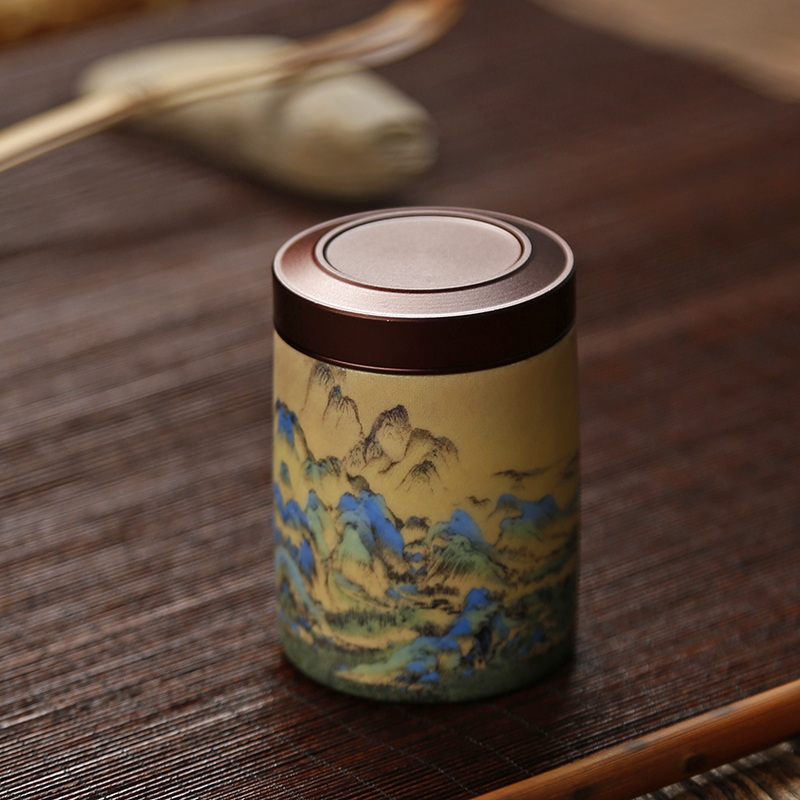 千里江山陶瓷茶叶罐迷你便携式旅行小号包装密封存储小罐茶盒随身