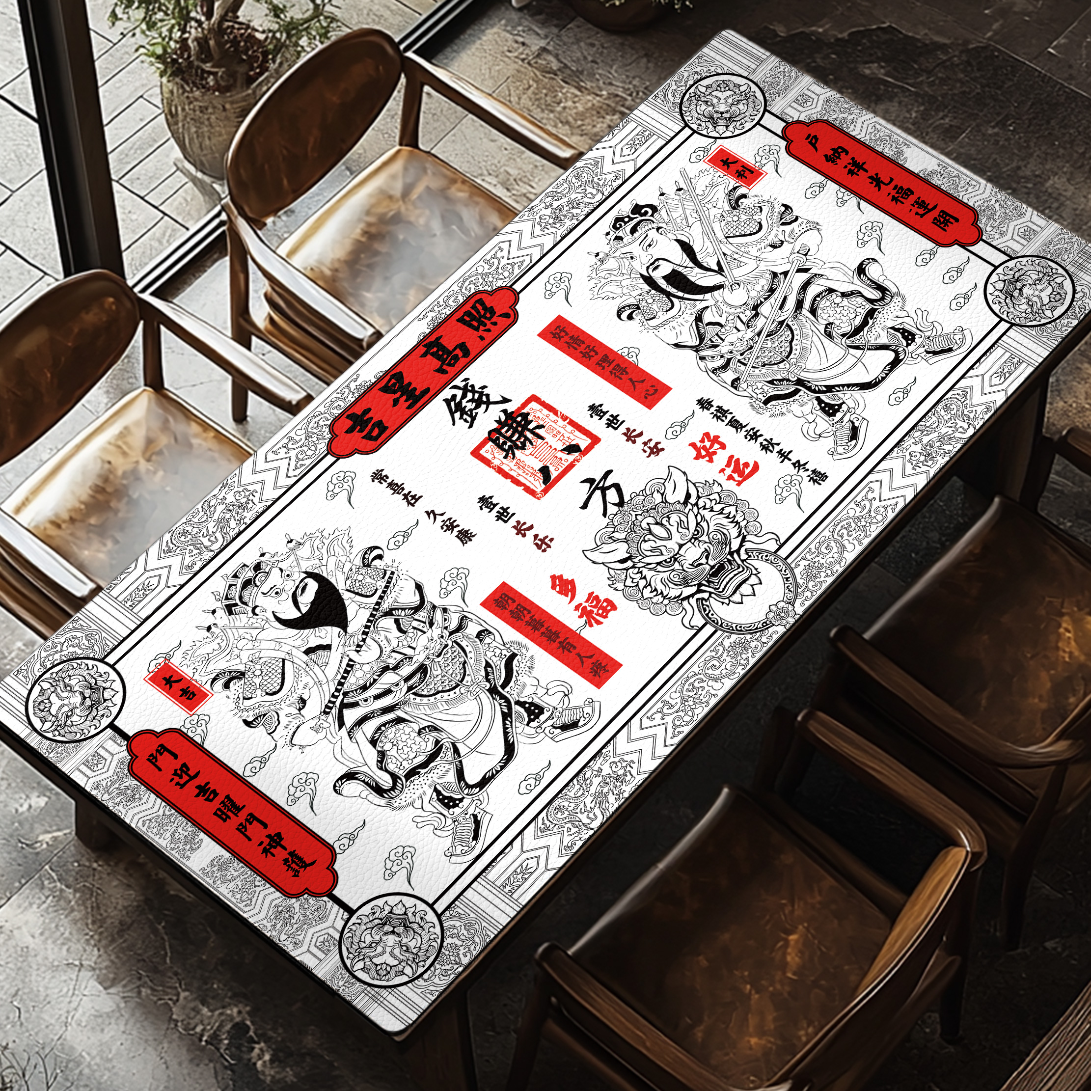 蝉舒眠原创中式门神皮革桌布桌垫