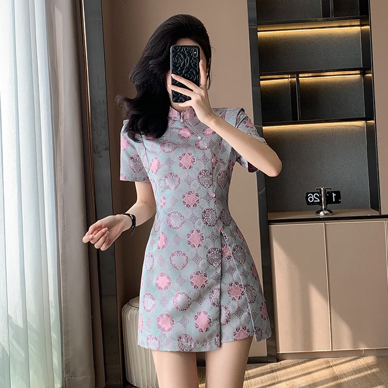 高级感紫色新中式旗袍连衣裙套装女夏季小个子收腰显Y瘦裙裤两件